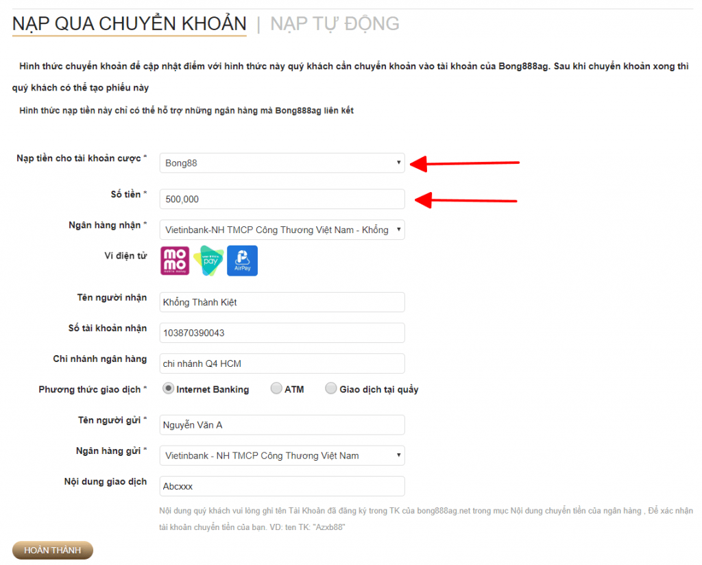 Hướng Dẫn Nạp Tiền Bằng Chuyển Khoản Ngân Hàng và internet banking vào tài khoản bong88, ld789, sbobet 2 nạp tiền bong88