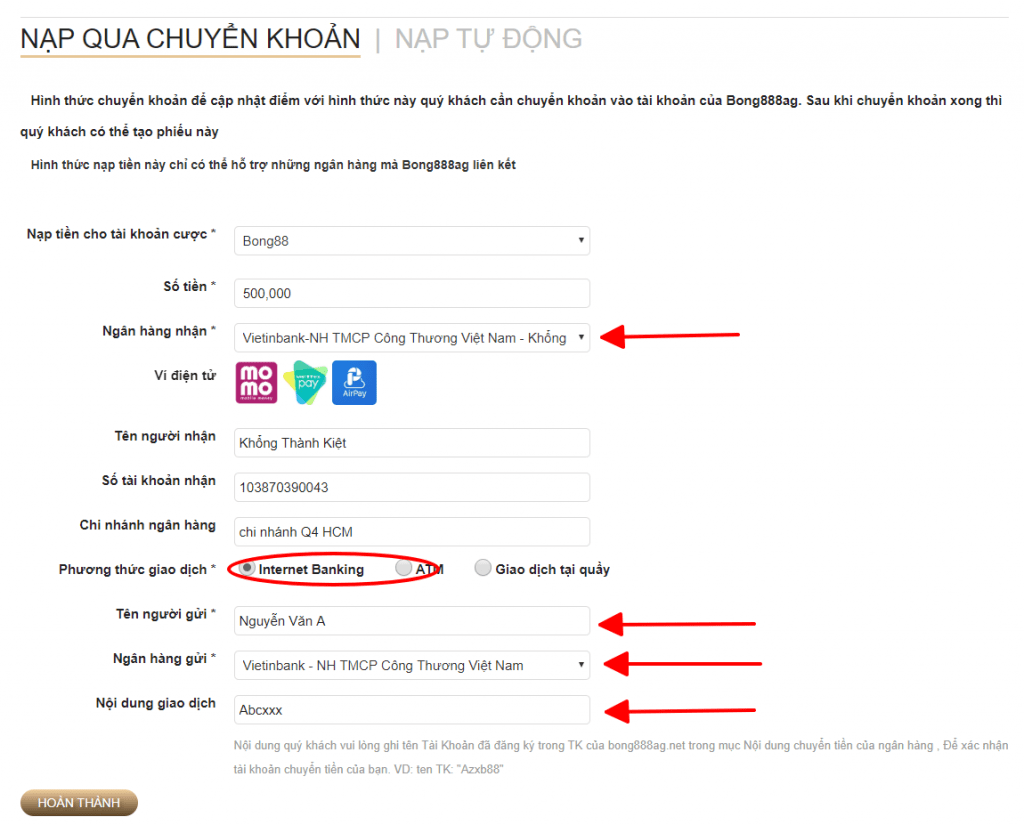 Hướng Dẫn Nạp Tiền Bằng Chuyển Khoản Ngân Hàng và internet banking vào tài khoản bong88, ld789, sbobet 3 nạp tiền bong88