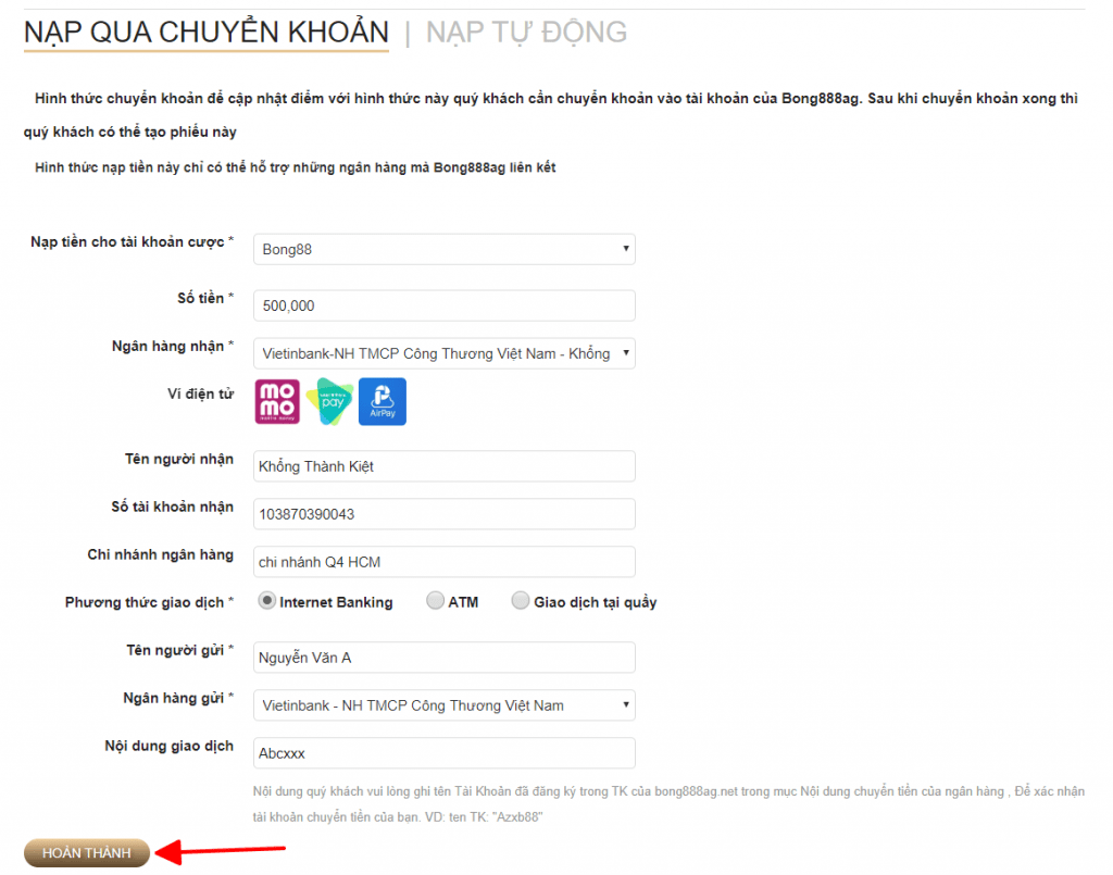 Hướng Dẫn Nạp Tiền Bằng Chuyển Khoản Ngân Hàng và internet banking vào tài khoản bong88, ld789, sbobet 4 nạp tiền bong88
