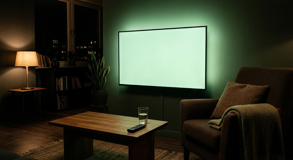 Góc phòng khách ban đêm với tivi treo tường phát sáng và ghế bành hướng vào màn hình